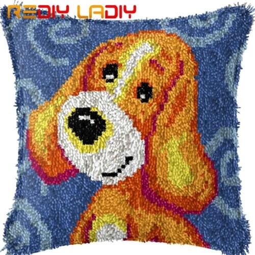 Latch Hook Cushion Kit Happy Dog Pillow Case Acrylic Yarn Pillow Pre-Printed Color Canvas Crochet Cushion Cover Hobby & Crafts
