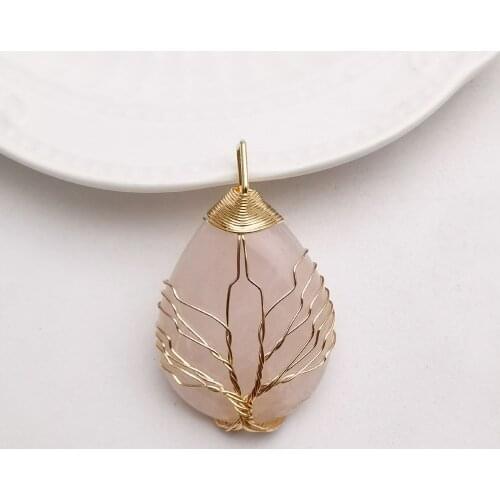 Fashion Wire Wrap handmade tree of life drop shape natural pink quartz stone pendants Wholesale 4pcs/lot free shipping