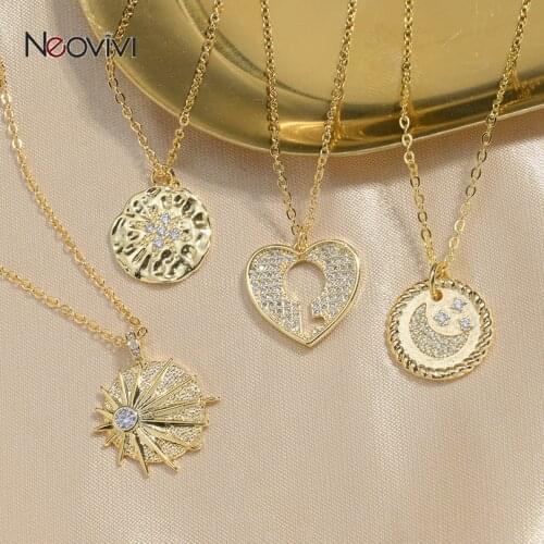 Neovivi Fashion Key Moon Star Evil Eye Necklace for Women Gold Color Micro Pave Zirconia Charms O-Chain Necklaces Party Jewelry