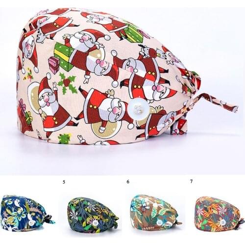 New Scrub Working Hat Christmas Halloween Printed Cotton Cap Sweat-absorbent Towel Buckle Cap Operating Room Work Hat Headwear