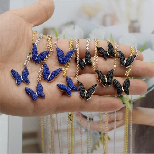 Wholesale 10pcs Rose Gold CZ Blue Butterfly Pendants Necklace For Women Bijoux Femme Stainless Steel Chain Bridesmaid Gift BFF