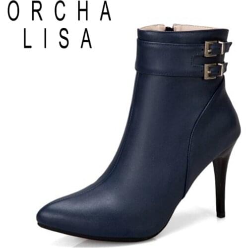 ORCHALISA 2021 Sexy Ankle Boots Belt Buckle Zip Lace Up Pointed Toe Thin Heel Short Plush US19 Red Blue Black Yellow White A4513
