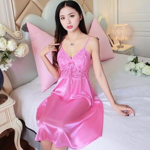 Sexy Lace Nightgown Women Sleepwear Pyjamas Summer Chiffon Sleeveless V Neck Female Sling Nightdress Women Homewear Pink