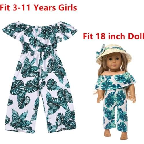 Manufacturer Hot Sale !!! Doll and Girl Matching Leaf Straight Shoulder Jumpsuit for Girls and 18" American Dolls Clothes