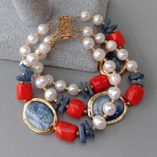 YYGEM 3 Strands Blue Kyanite Oval Shape Red Coral Cultured White Pearl Statement Bracelet Ethnic Style for women