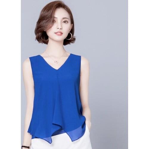 Womens Blouses And Shirts 2020 Summer Chiffon Sleeveless Tank Shirts Office Ladies V Neck Solid Casual Women Clothing Plus Size