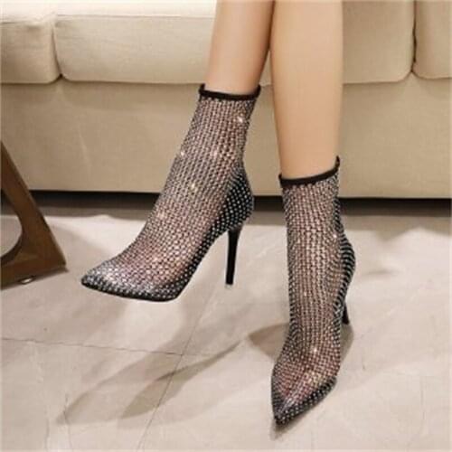 2021 Women Ankle Boots Sexy Black Fishnet Stocking High Heels Ladies Fashion Pointed Toe Shoes Woman Hollow Out Pump Plus Size