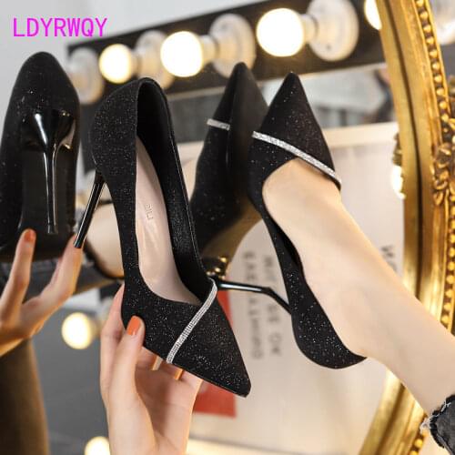French ladies high heels spring 2021 new rhinestone fairy style wild golden pointed stiletto single shoes women