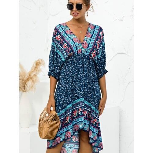 Summer Floral Print Feminine Half-sleeve V-neck Halter Bohemian Style Long Beach Retro Party Dress Female Irregular Dress