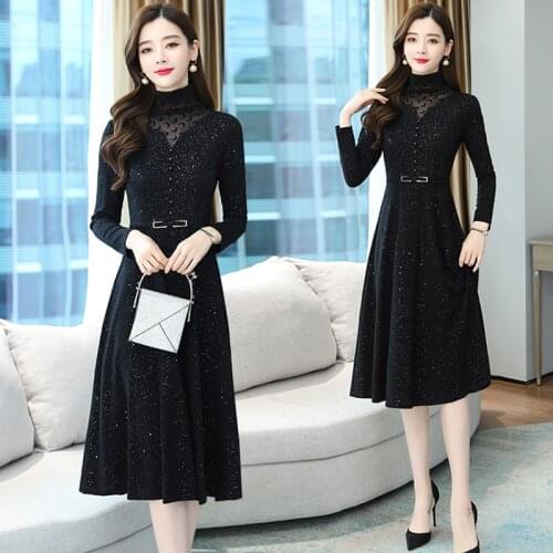 2021 Autumn Winter Korean Black Vintage Midi Dress 4XL Plus Size Elegant Long Sleeve Casual Dresses Women Bodycon Party Vestidos