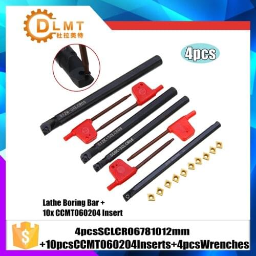10pcs CCMT060204 Carbide Inserts + 4pcs T8 Wrenches+4pcs SCLCR06 7/8/10/12mm Lathe Turning Tool