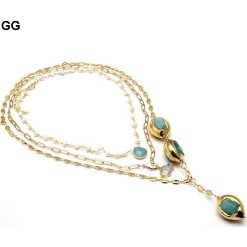 GG Jewelry 3 Strands Gold Color Plated Amazonite Beads CZ Fish Charm Chain Statement Long Necklace 17" -26" For Women