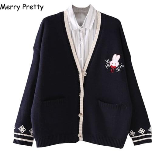 Merry Pretty Winter Rabbit Embroidery Cardigans Women Jacquard Knitting Single-breasted Double Pocket V-neck Sweet Sweaters Top