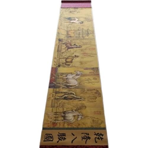 China Old Picture Paper Qianlongs Eight horses Picture Long Scroll Painting
