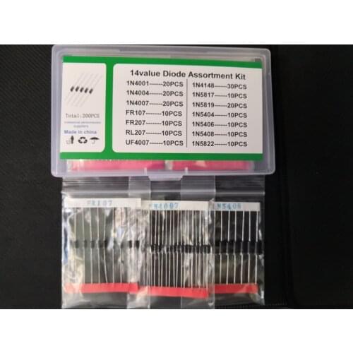 200PCS(14Values) Schottky Diode kit box 1N4148 1N5817 1N5819 1N5404 5406 5408 5822 1N4001 IN4004 4007 FR107 FR207 RL207 UF4007