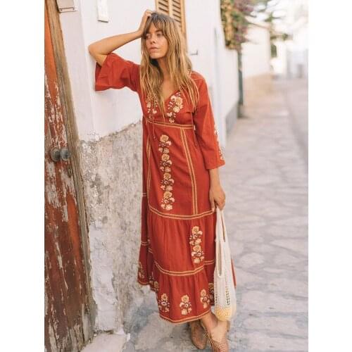Summer new style of nepalese national style embroidered long dress Bohemian holiday beach flower embroidered dress