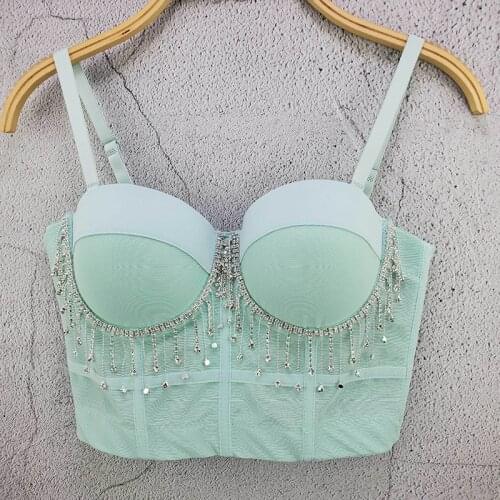 Summer Outfits for Women 2021 Green Mesh Top Rhinestone Tassel Sexy Corset Crop Top Mujer Tanks Camis