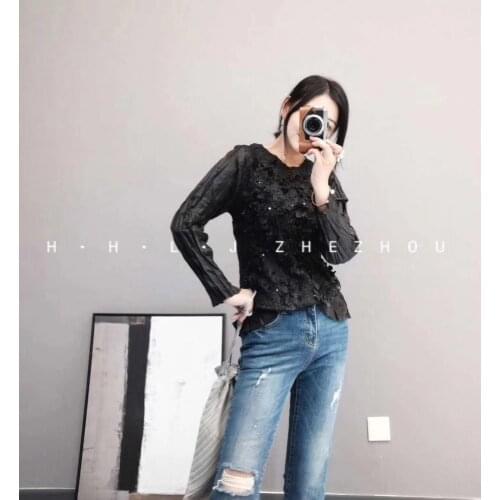 HOT SELLING Miyake fold long sleeve repair O-NECK solid Applique the beading thin T-shirt IN STOCK