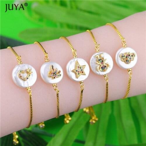 Multi Shape Tiny Trendy Zircon Pattern Design Coin Freshwater Pearl Bead Pendant Charm Bracelets For Women Gold Chain