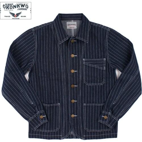 Mens Denim Jacket Work Clothes Outdoor Cycling Climbing Trekking Hiking Combat Sport Railway Locomotive Vertical Stripe Coat