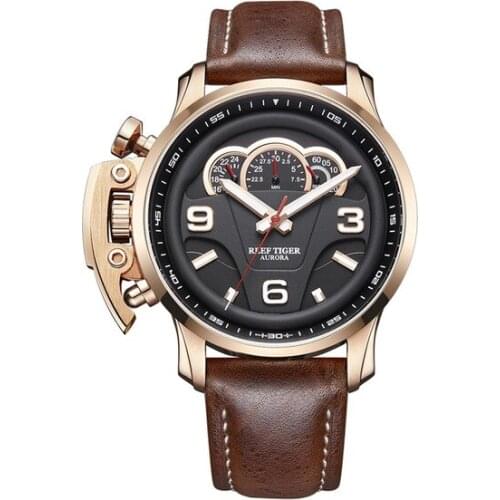 Reef Tiger RGA2105 Men Multifunction Sport Racing Dashboard Fashion Waterproof Quartz Wrist Watch With Leather Watchband