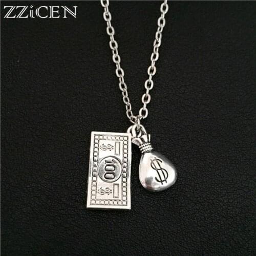 Novelty Creative Vintage Purse Antique Metal Tone US Dollar Bill Money Bag Pendant Necklace for Women Men Dollar Jewelry