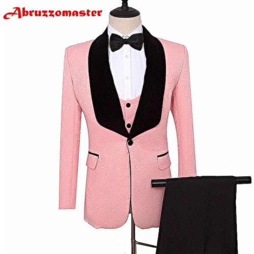 Tailor Suits Blazer Printed Groom Tuxedos Pink jacket for Groomsman Suit Wedding suit Custom Made Man Suit Jacket+pants+vest