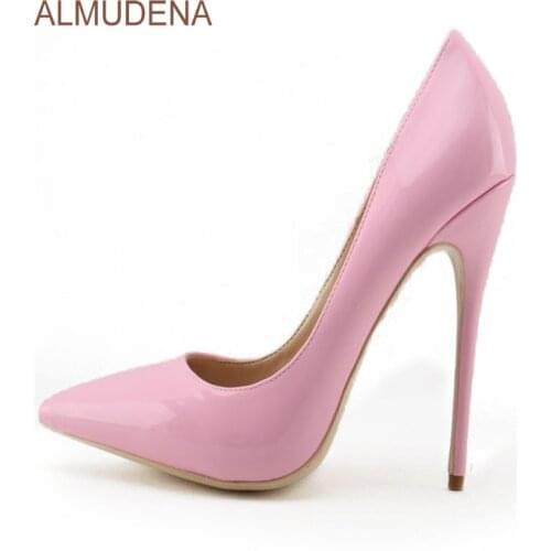 ALMUDENA Young Girls Top Brand Pink Patent Leather High Heel Shoes Sweet Stylish Office Lady Daily Dress Shoes Shallow Pumps
