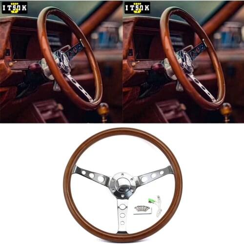 380mm Real Wood Steering Wheels Classic Universal Wooden Grain Rim Silver Chrome Iron Spoke 15 Inch Car Racing With Horn Button
