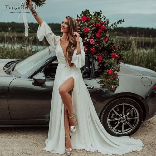 Chiffon Wedding Dresses Half Sleeve V-Neck Romantic Bridal Gowns Robe De Soriee DW176