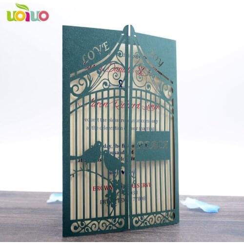 50pc Laser Cut Wedding Invitations Card blackish green Luxurious Personalised Laser Cut Names Elegant gate Love Bird Designs