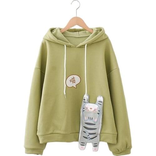 Mori Girl Style Cute Patch Cat Embroidery Hooded Plus Velvet Warm Sweatshirt 2020 Winter Fleece Thick Kawaii Hoodies 2011602