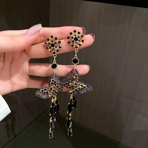Vintage Black Color Crystal Butterfly Dangle Earrings for Women Long Tassel Shining Rhinestone Earrings Party Fashion Jewelry