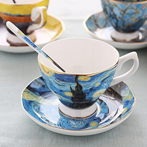 High Quality Bone China Van Gogh Paintings 200ml Coffee Cups and Saucers