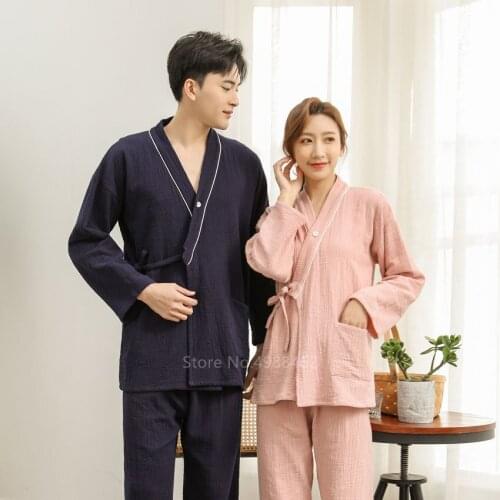 Japanese Traditional Kimono Yukata Women Men Couple Solid Color Cotton Harajuku Home Long Sleeve Sleepwear Pants Spa Soft Set