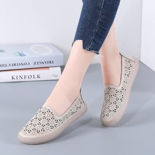 2021 Summer Genuine Leather Womens Sneakers Hollow Sandals Casual Shoes Female Ballet Flats Zapatillas Mujer Large Size