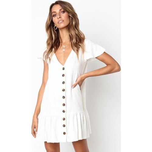 Women Summer Dress 2021 Pleated Ruffle Female Sundress Sexy V Neck Linen Buttons Short Mini Vestidos A Line Loose Casual Dresses