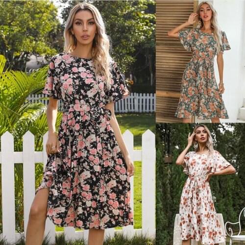 Dress Robe Femme платье летнее Vestidos Woman 2021 Summer O-Neck Butterfly Short Sleeve Printed Dresses Knee-Length A-Line