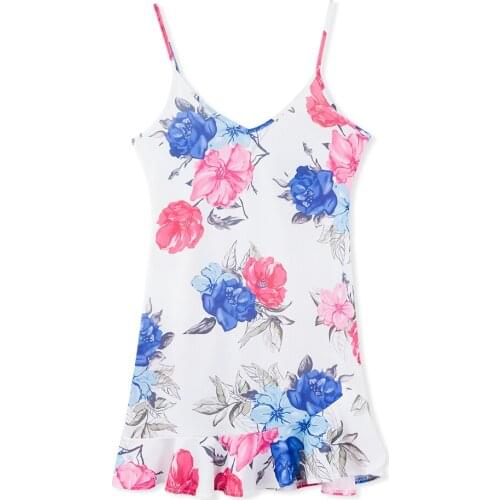 Neatie kiddie Sexy V-neck Ruffles Hem Women Mini Dresses Sleeveless Strap Floral Print Robe Femme Dress Lady