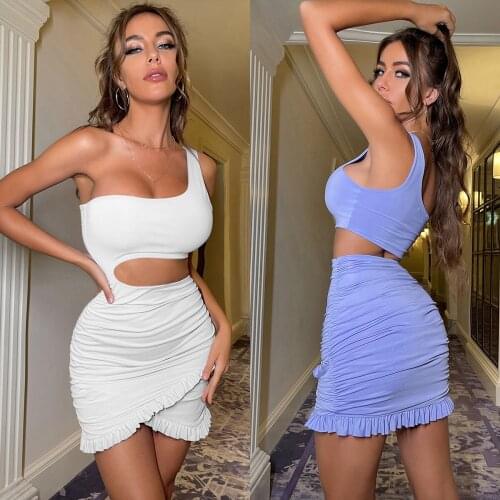 Women Dresses Summer 2021 One Shoulder Strapless Ruffle Sexy Mini Dress Purple Sleeveless Fashion Party Club Outfits for Women