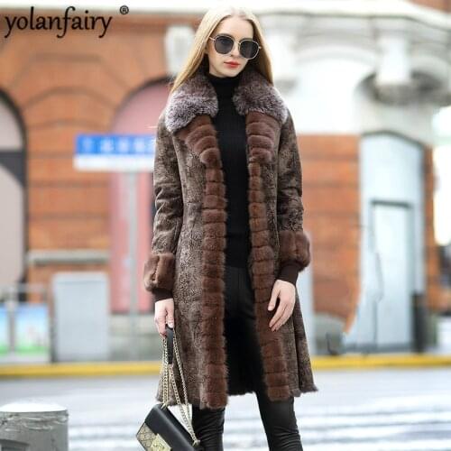 YOLANFAIRY 100%Natural Fur Coat Women Winter Real Rabbit Fur Jacket Fox Fur Collar Plus Size Warm Thickening Outwear 1602 MF332