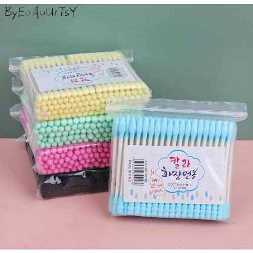 100pcs Cosmetic Cotton Swab Candy Color Cotton Swabs Ear Stick Double Head Women Makeup Cotton Buds Ears Clean Care Tools