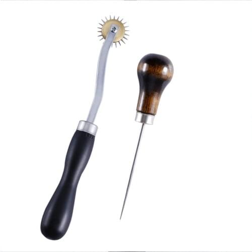 2PCS DIY Sewing Leather Craft Tool Cutting Leather Cloth Paper Overstitch Wheel Steel Tooth Type Mark Scraper Wooden Handle Awls