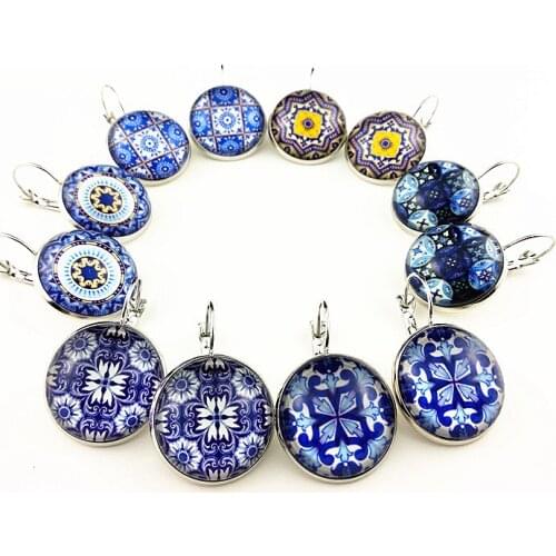 24pairs/lot Blue and White Porcelain Patterns Mandala jewelry Tassels Earrings 20mm Glass Cabochon Drop Earrings