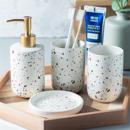4 in 1 Set Bathroom Wash Suit Ceramic Shampoo Dispenser Bottle Couple Mouthwash Cup Soap Dish Home Hotel Bath Accessory