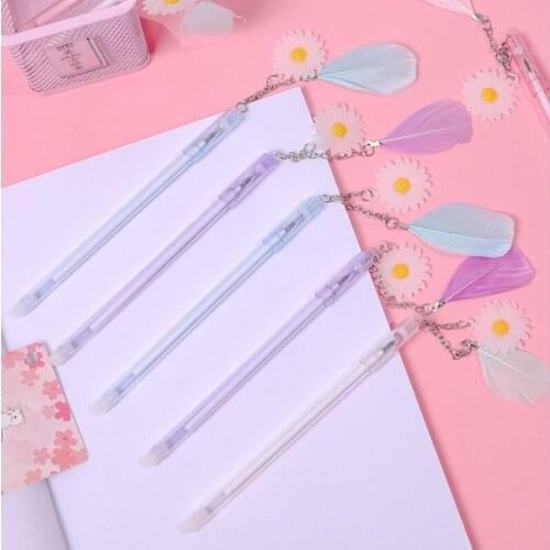 6pcs/pack Gel Pen Kawaii Daisy Feather Pendant Neutral Pens for School Gift Writing Office Supplies Stationery Novelty Item