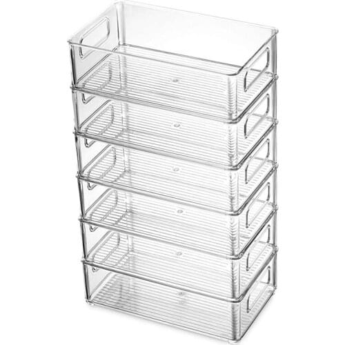 AT69 -6Pcs Refrigerator Organizer Bins Stackable Fridge Organizers with Cutout Handles Clear Plastic Pantry Food Storage Rack