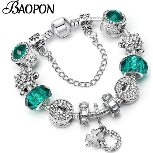 BAOPON Dropshipping Moon & Star Silver Plated Charm Bracelets With Blue Crystal Beads Fits Fine Bracelets For Women Jewelry