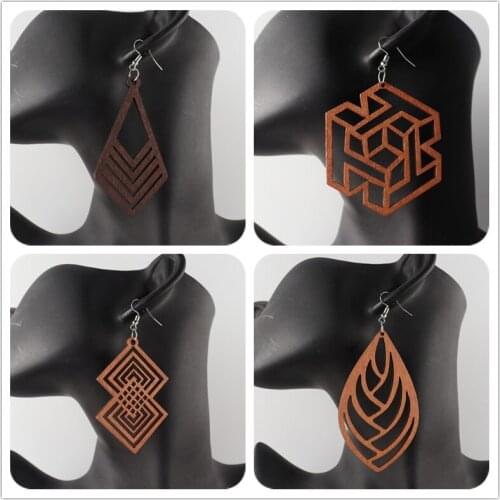 Free Shipping! ! Wholesale Price Brown And Black Geometric Wooden Laser Cut Oval Earrings
