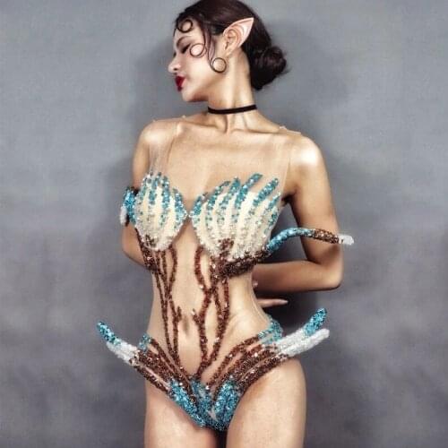 Sequins Elves Bodysuit Sleeveless Big Stretch Sexy perspective Womens Party Prom Bar Outfit Stage Singer Show Romper